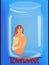 A little girl sitting in a glass jar. Depression, Quarantine, loneliness, self-isolation flyer or banner concept art.
