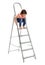 Little girl sitting on ladder on white background