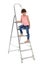 Little girl sitting on ladder on white background