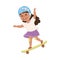 Little Girl on Skateboard in Skate Park in Helmet and Kneepads Having Fun and Enjoying Recreational Activity Vector