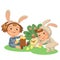 Little girl smile playing with chickens under flowers bush, baby in apron with rabbit ears headband, easter bunny mask