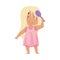 Little Girl Standing and Combing Her Hair with Brush Vector Illustration