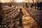 A little girl standing in a field of potted trees, AI