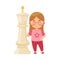 Little Girl Standing with Giant White King Chess Piece or Chessman Vector Illustration