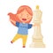 Little Girl Standing with Giant White Queen Chess Piece or Chessman Vector Illustration