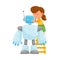 Little Girl Standing on the Ladder and Fixing Robot Vector Illustration