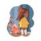 Little Girl Standing with Teddy Bear Crying Afraid of Something Vector Illustration