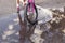 Little girl stops her bike on a puddle and we can see her reflection.