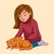 Little girl stroking a scared kitten. color vector illustration on a beige