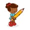 Little girl student holding a big pencil. Vector illustration