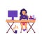 Little girl at table studying online, flat vector illustration isolated.