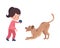 Little girl teaches dog to playing with a ball, kid training pet to do tricks cartoon vector isolated illustration