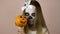 Little girl with terrible makeup on her face. She is holding a pumpkin with a painted face.