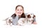 Little girl with three border collie puppy dogs