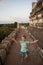 Little girl (tourist) on Bagan temple, Burma.