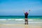 Little Girl Tourist Relax and Happy Pose in the Beautiful Ocean Sea