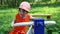 Little girl trains on outdoor exerciser in green summer park