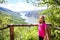 Little girl at viewpoint, beautiful nature landscape, amazing view on gorge Danube river