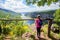 Little girl at viewpoint, beautiful nature landscape, amazing view on gorge Danube river