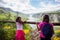 Little girl at viewpoint, beautiful nature landscape, amazing view on gorge Danube river