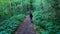 Little girl walking on a footpath, alone in dark, spooky forest