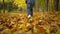 A little girl walks in the autumn Park. rear view. the camera is in motion