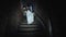 A little girl walks down the stairs into a dark scary cellar