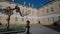 Little girl watches the mammoth skeleton