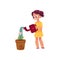 Little girl watering houseplant, pot flower