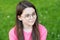 Little girl wear vintage rim eyeglasses green lawn background, eyes health concept