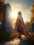 Little girl wearing american flag as a cape at cemetery in front of a gravestone at sunset. Memorial day concept. Honoring the