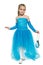 Little girl wearing blue ball dress in full length making curtsy