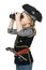 Little girl wearing costume of pirate looking away through the binoculars