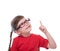 little girl wearing glasses and pointing by forefinger to somewhere up