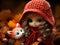 a little girl wearing a red hooded coat and holding a fox