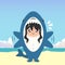 little girl wearing a shark costume character feeling annoyed isolated on a beach background. little girl wearing a shark costume