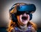 Little girl wearing VR headset and enjoying virtual reality simulation, metaverse and fantasy world