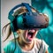 Little girl wearing VR headset and enjoying virtual reality simulation, metaverse and fantasy world