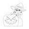 A little girl wearing a witch costume is happily holding a pumpkin and looking forward to Halloween.Linear style.