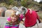 Little girl with whippet at park