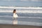 Little Girl in White Dress Skipping at Ocean Edge as Wave Rolls In