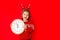 A little girl in winter clothes holds a watch on a red background. New year`s concept, space for text