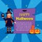 Little girl witch holding magic book. she stand side text halloween poster with pumpkins on the blue shine background.