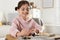 Little girl working with natural materials at table. Creative hobby