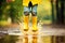 Little girl in yellow rubber boots jumping in puddles in autumn rain. Generative AI