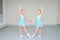 Little girls dancing ballet in studio. Young ballerinas gracefully posing at dance school, copy space