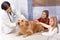 Little girls and dog at pets\' clinic