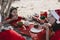 Little girls eating chocolate cake at Christmas picnic