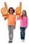 Little girls raises arms with foam finger