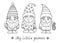 Little gnomes. Hand drawn line doodle garden gnome sketch. Black and white outline vector illustration. Cute dwarfs characters